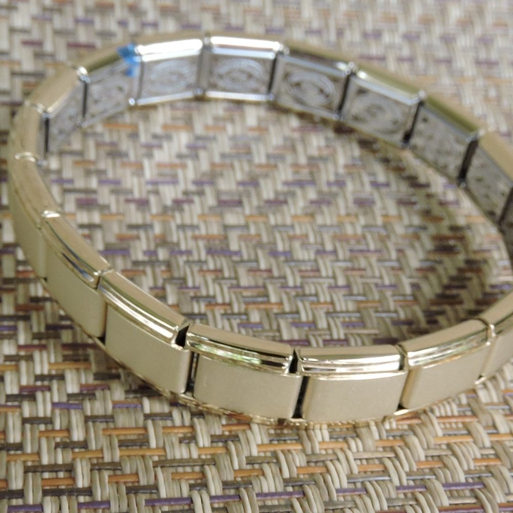 STAINLESS STEEL ITALIAN CHARM BRACELET/9MM/ BRUSHED GOLD w/ GOLD TRIM/ B…